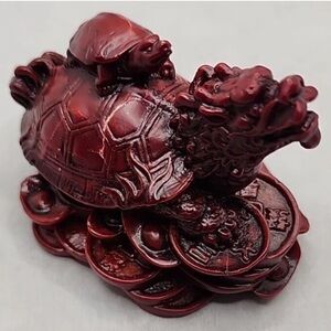 Vintage Asian Dark Red Resin Dragon Headed Turtle on Coins Figure U189